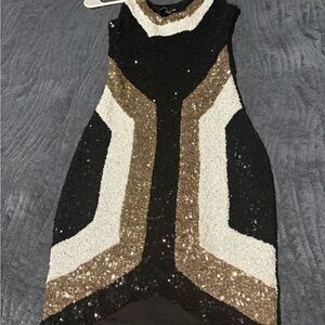 bebe Black, Gold, and White Sequin Mini Dress